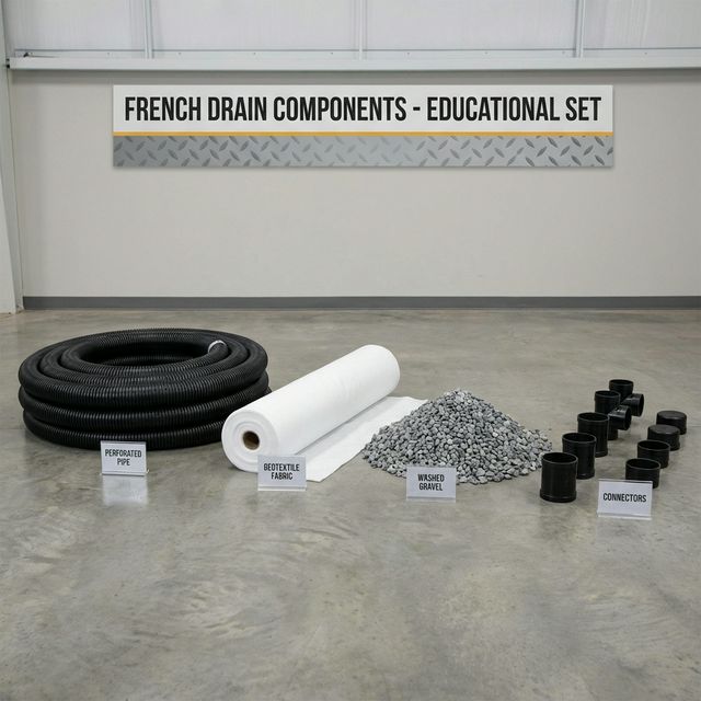 French drain components laid out including perforated pipe, geotextile fabric roll, washed gravel pile, and pipe connectors